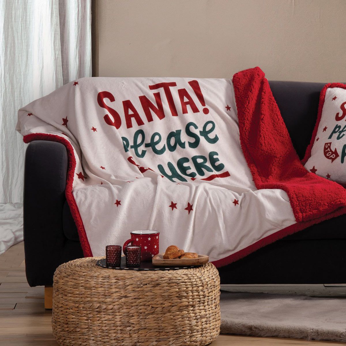 Κουβέρτα καναπέ ριχτάρι sherpa Santa Please ecru-red nef nef